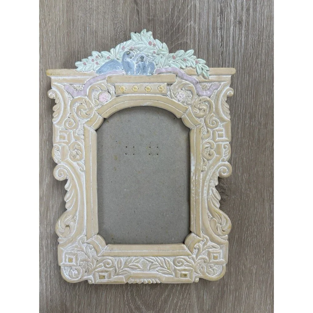 Vintage Love Birds Resin Picture Frame Pastel Rococo Floral Bow 3x4 Tabletop